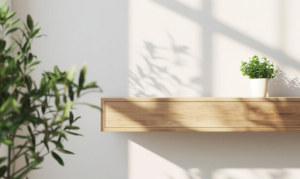 3D rendering, Wooden floating cabinet with plants on a white wall in the style of a minimalist home interior design of a modern living room, shown in a closeup view