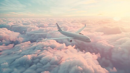 Airplane flying over clouds, embodying global travel, tourism, and leisure, clear summer sky background, concept of holiday planning, vibrant colors, wide angle, AI Generative hyper realistic 