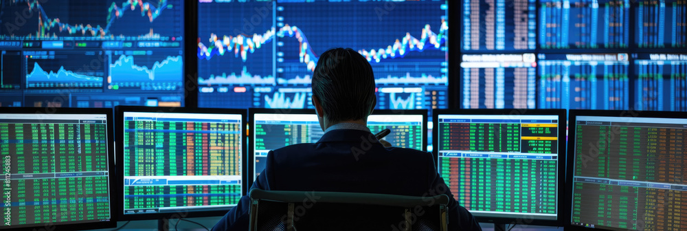 Poster a man is seated in front of numerous computer monitors, focusing intently on the screens