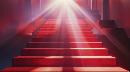 a staircase leading to a red carpet and sun beaming above realistic