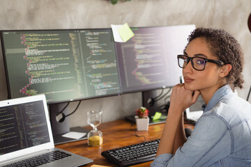 Photo of successful confident girl wear trendy denim shirt work web site workspace indoors