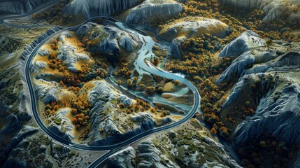 An awe-inspiring aerial view of a winding road cutting through mountains or a coastal landscape, depicting nature's grandeur. Generative AI hyper realistic 