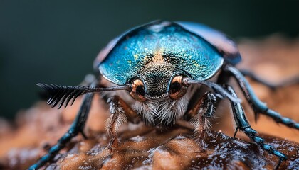 Stunning macro of a beetle with iridescent blue-green shell, detailed eyes, and unique leg structures, set against a dark, textured backdrop.