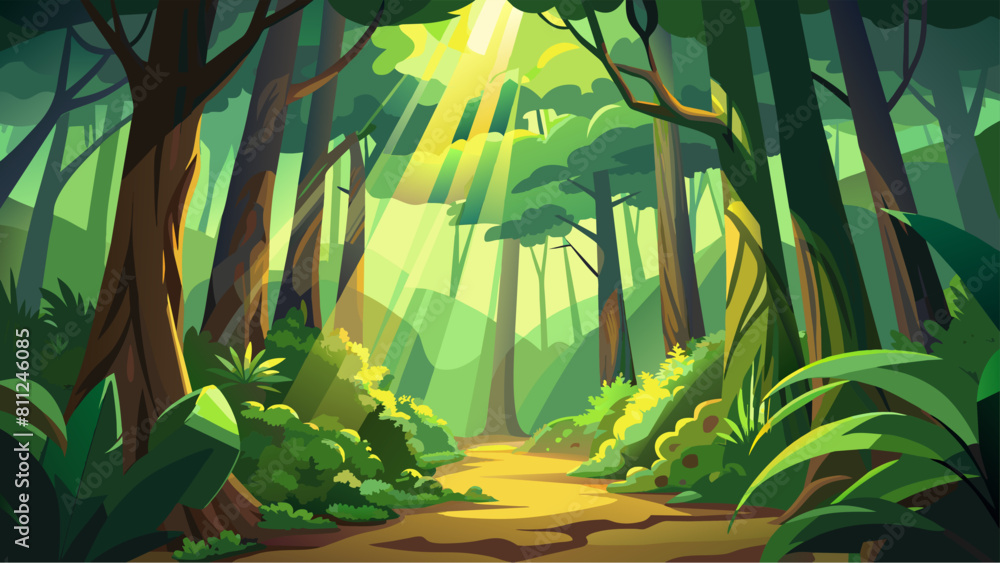 Poster a forest scene with a path leading through it. the sunlight is shining through the trees, creating a