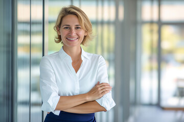 Smiling business woman standing in front of an office with her arms crossed, wearing a white shirt and navy blue skirt, modern glass interior design with natural light from the window