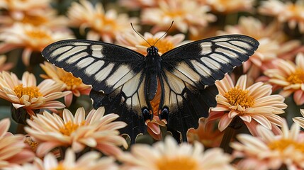  Large black and white butterfly perched atop orange and white flowers, surrounded by yellow and pink blooms
