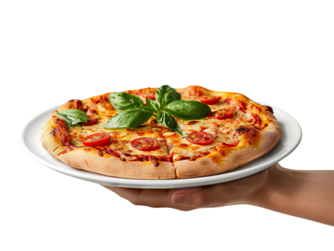 Hands holding a plate with Pizza cut out transparent isolated on white background ,PNG file ,artwork graphic design.