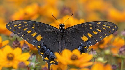   Butterfly perched on sunflower field