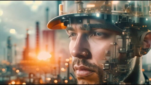 A close-up of a factory worker's face overlaid with a cityscape, symbolizing the human element within the industrial landscape.