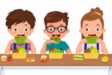 Happy kids eating nutritious food in school cafeteria promoting healthy education