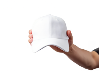 Hand holding a white baseball cap mock up cut out transparent isolated on white background ,PNG file ,artwork graphic design.