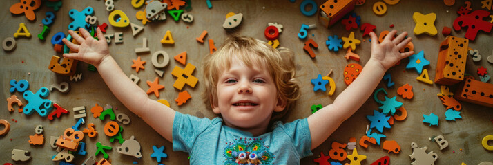 A young boy is lying on the ground, encircled by a mix of colorful letters and numbers toys
