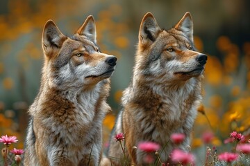 Two wolves standing in the field of wild flowers,  Wildlife scene from nature