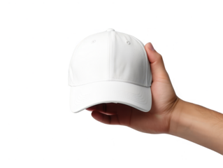 Hand holding a white baseball cap mock up cut out transparent isolated on white background ,PNG file ,artwork graphic design.