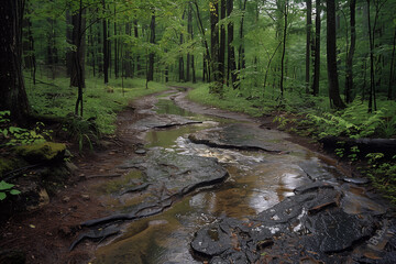 Obraz premium Hiking trails and exploring forests bursting with new life
