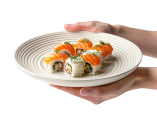 Hands holding a plate with Sushi cut out transparent isolated on white background ,PNG file ,artwork graphic design.
