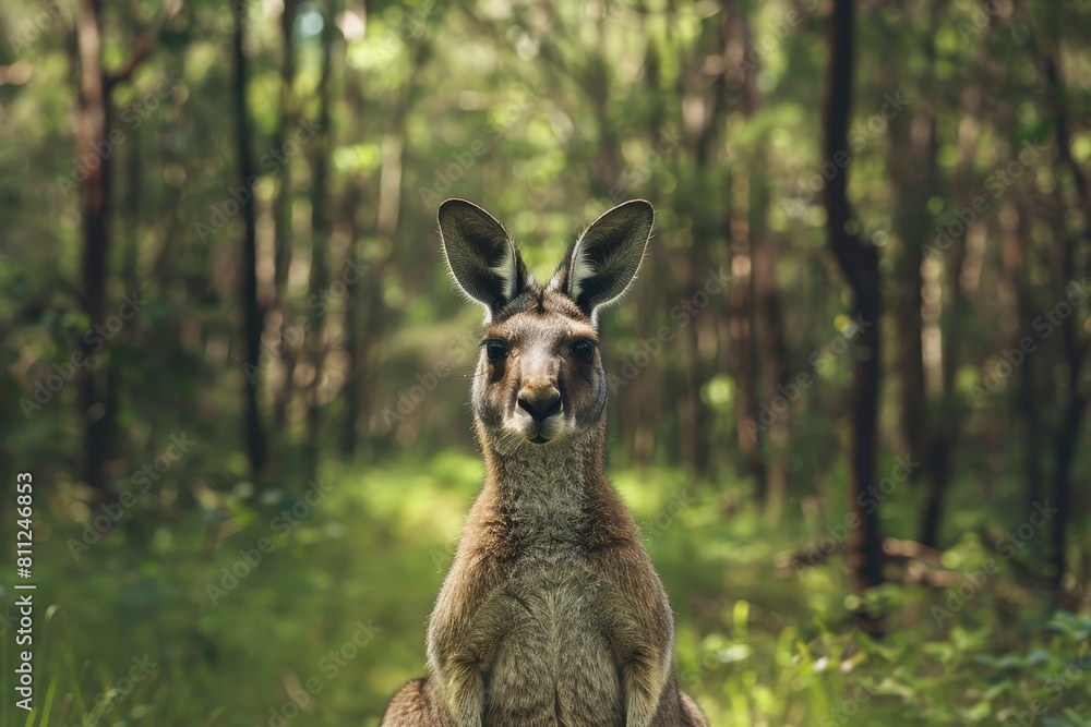 Poster a kangaroo blending into the forest environment while sitting, a kangaroo blending seamlessly into i