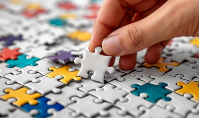 Close-up of a hand placing a puzzle piece.