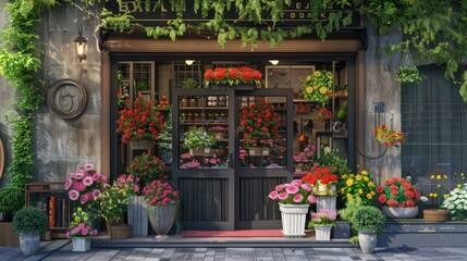 Fototapeta na wymiar a store front view flower shop. street outdoor. beautiful flower shop front decoration realistic