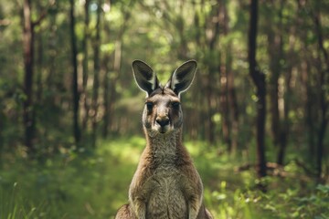 Fototapeta premium A kangaroo blending into the forest environment while sitting, A kangaroo blending seamlessly into its natural environment