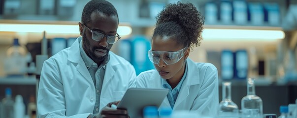 Two lab technicians reviewing data on a tablet