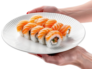 Hands holding a plate with Sushi cut out transparent isolated on white background ,PNG file ,artwork graphic design.