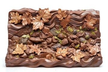 Chocolate cake with autumn leaves on a white background, isolated