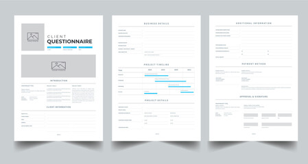 Client Questionnaire Template , New Client Survey Form, Creative Brief Template, Client Information Form , Design Brief  3 Page Layout Template