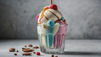 Naklejka premium Colorful ice cream sundae with toppings in glass cup