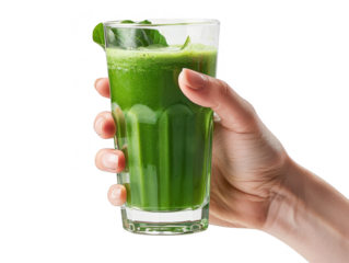 Hand holding Glass of Green Goddess Spinach kale green apple and banana Smoothies cut out transparent isolated on white background ,PNG file ,artwork graphic design.