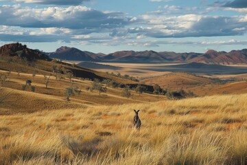 Obraz premium A kangaroo stands in a field against a backdrop of mountains in the Outback, A kangaroo standing majestically in the Outback