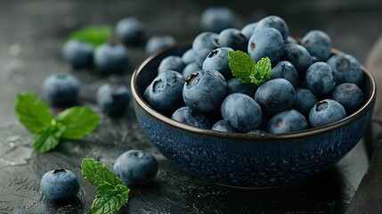  A blue bowl brimming with blueberries rests near mint leaves, while a spoon sits atop a black tablecloth - Powered by Adobe