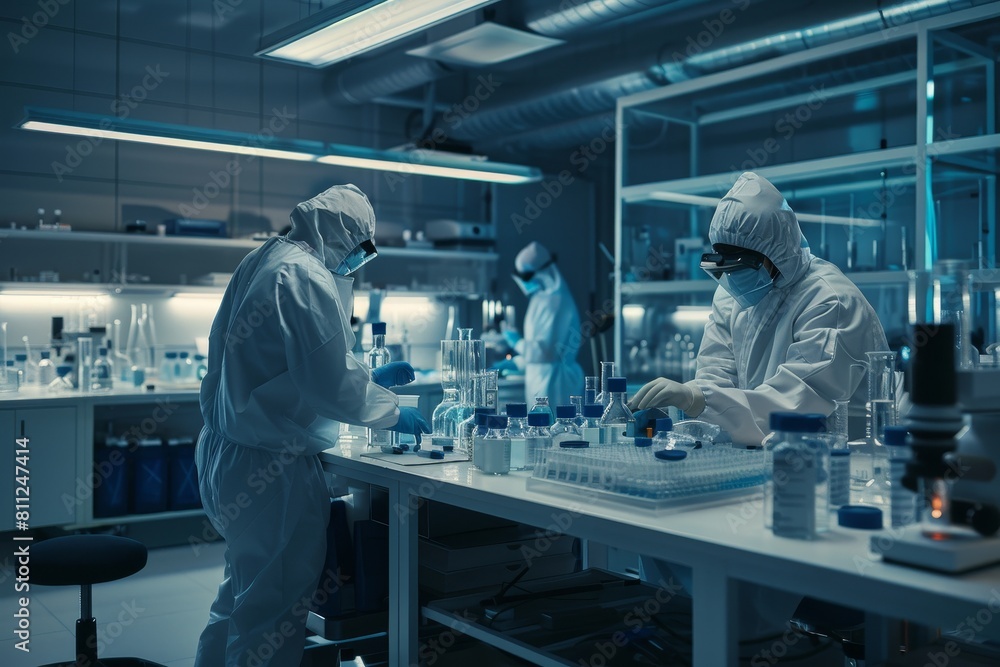 Poster two individuals in white lab coats conducting experiments and analyzing data in a laboratory setting