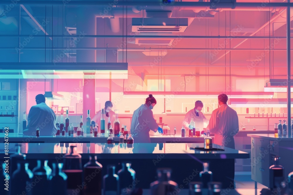 Poster a group of scientists are working collaboratively in a lab, conducting experiments and analyzing res