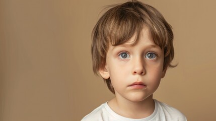 Sad little boy s portrait on beige background with room for text
