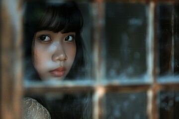 Portrait of a beautiful asian girl behind a lattice window