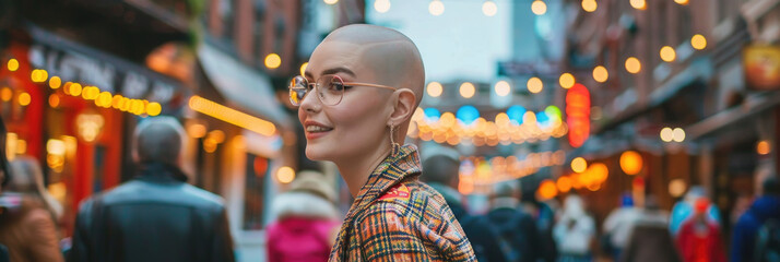 A woman, bald head shining under the city lights, wearing glasses, confidently strolling down a busy street