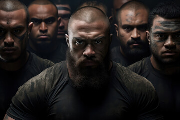 Obraz premium Des joueurs de rugby debout en formation, concentrés pour impressionner leurs adversaires, visages peints, regard intimidant, exprimant force, fierté et détermination.