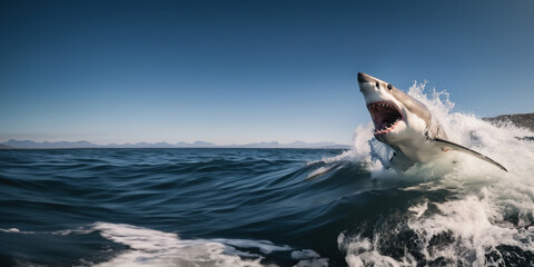 Fototapeta premium L'attaque d'un grand requin blanc, bondissant hors de l'eau, chassant une proie dans l'océan, ciel bleu magnifique, image avec espace pour texte.