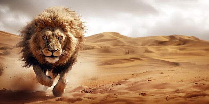 L'attaque d'un lion majestueux courant dans un d&eacute;sert de sable, chassant une proie et soulevant de la poussi&egrave;re, image avec espace pour texte.	