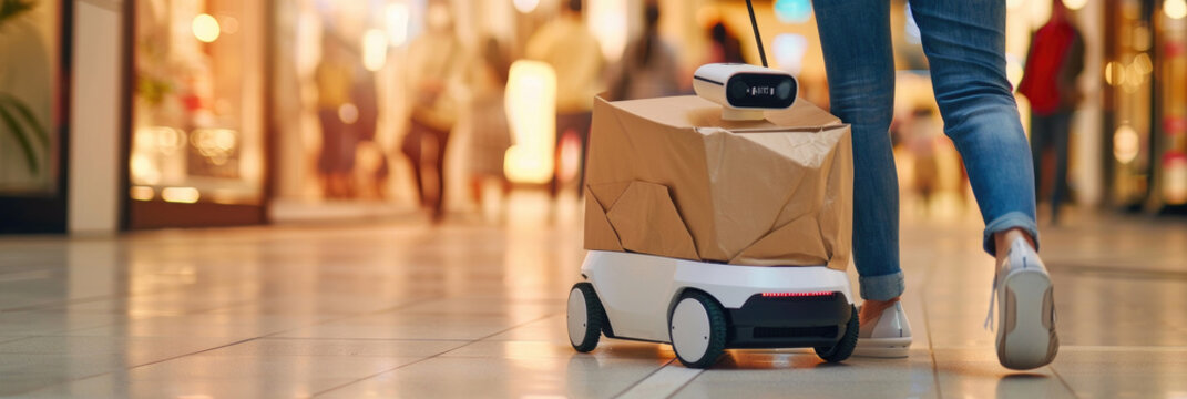 A delivery robot tracks a person through a mall, carrying packages