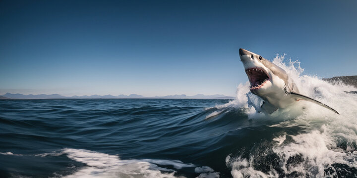 L'attaque d'un grand requin blanc, bondissant hors de l'eau, chassant une proie dans l'oc&eacute;an, ciel bleu magnifique, image avec espace pour texte.