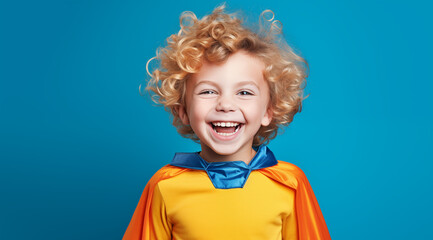 Un enfant âgé de 10 ans, cheveux blonds frisés, riant, portant un costume de super-héros jaune, arrière-plan isolé, coloré, bleu.