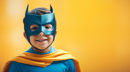 Un enfant de 10 ans, souriant, portant un costume de super-héros et un masque, arrière-plan...