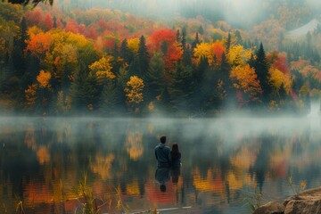 Fototapeta premium A man stands on a calm lake surrounded by lush trees, A landscape shot of a couple gazing out over a misty lake, surrounded by a blanket of autumn colors