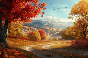 Fototapeta premium A painting depicting a country road surrounded by colorful fall foliage, A landscape with colorful fall leaves and a serene Thanksgiving atmosphere