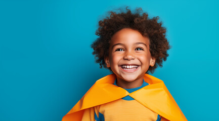 Un petit garçon noir, cheveux frisés, portant un costume de super-héros jaune, souriant, arrière-plan isolé coloré bleu, image avec espace pour texte.