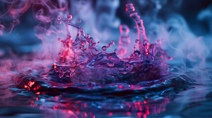 macro photograph of a neon-lit droplet of water splashing into a pool, surrounded by tendrils of smoke that dance and swirl in the aftermath of the splash, adding depth and drama to the scene