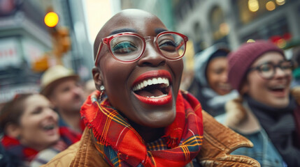 Cheerful bald african american woman with glasses and red scarf around her neck - Powered by Adobe