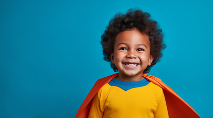 Un petit garçon noir portant un costume de super-héros jaune, rouge et bleu, souriant, arrière-plan isolé coloré bleu, image avec espace pour texte.